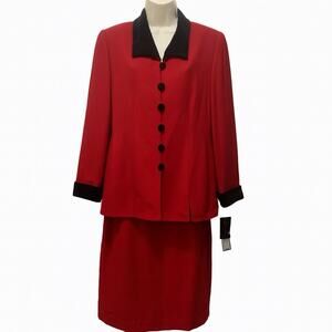 Vintage Kasper for A.S.L. Red Black Velvet Trim Skirt Suit Size 10 Petite NWT